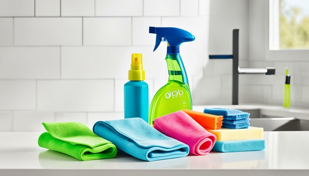 A selection of colorful microfiber cloths alongside cleaning spray bottles, part of Amazon's Spring-Cleaning Essentials for a spotless home.